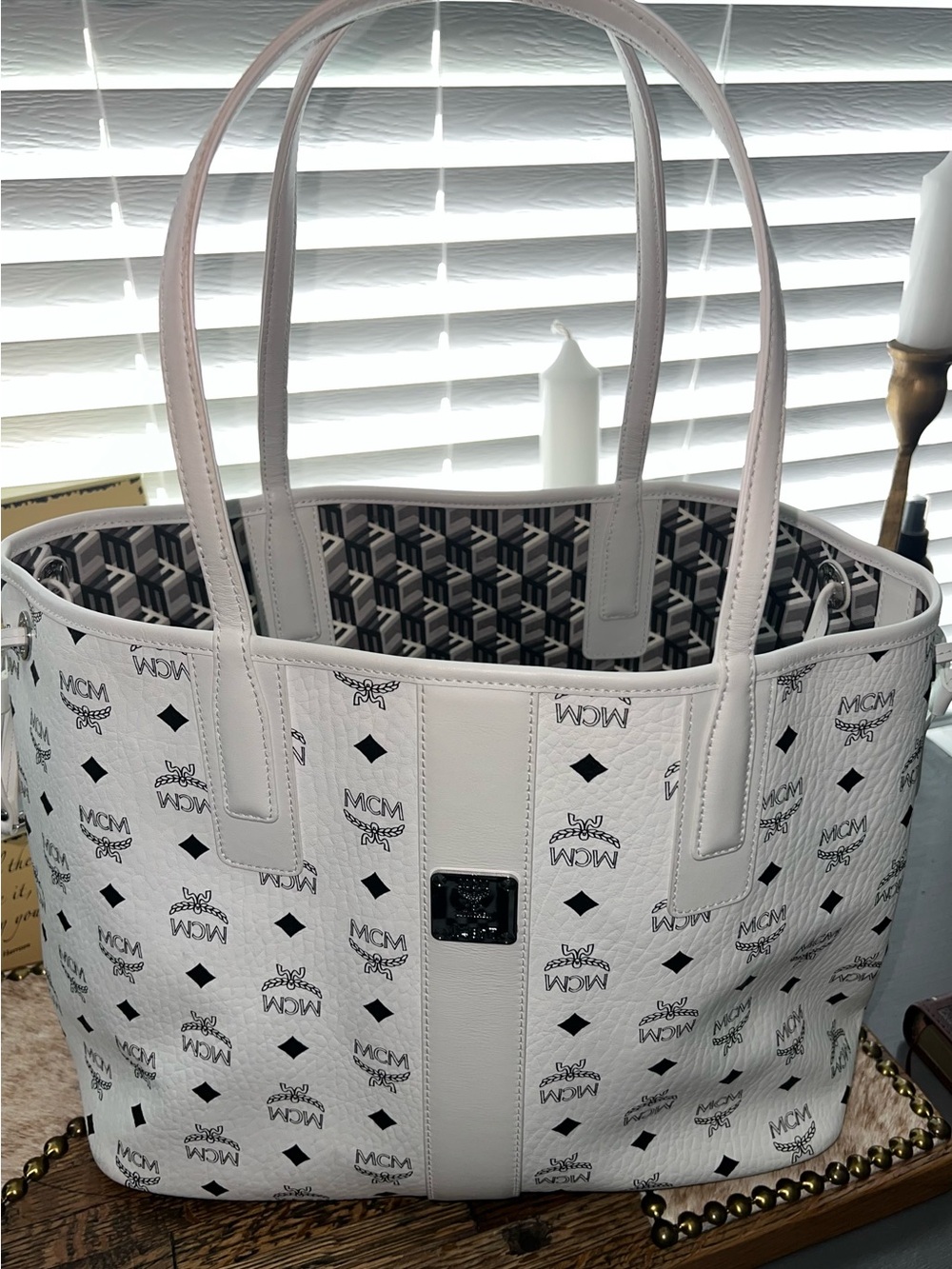 MCM White Logo Print Reversible Tote
